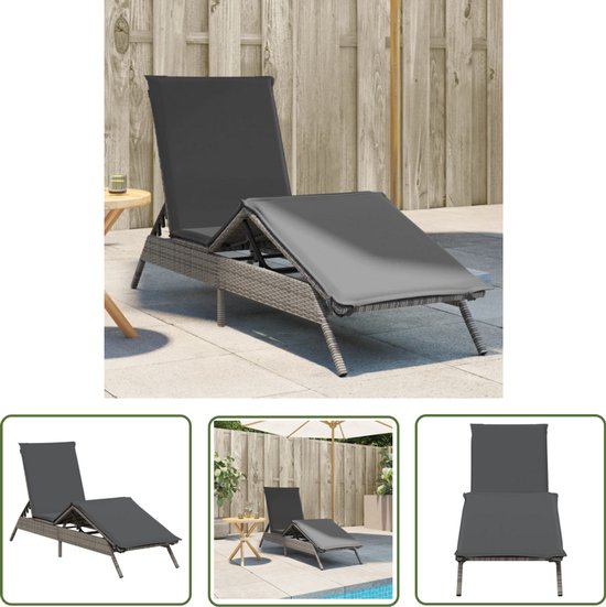 Chaise longue avec kussen en résine tressée grise The Living Store - Chaise longue - Salon de jardin - Décoration extérieure - Relax