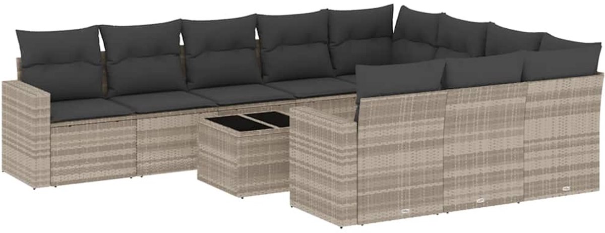 The Living Store 11-delige Loungeset met kussens poly rattan lichtgrijs - Loungebank - Lounge Set - Buitendecoratie - Tuinmeubels - Ratten Meubel
