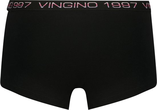 Zwarte Vingino boxer met witte, roze en paarse glitter tailleband met 'Vingino 1997' logo.