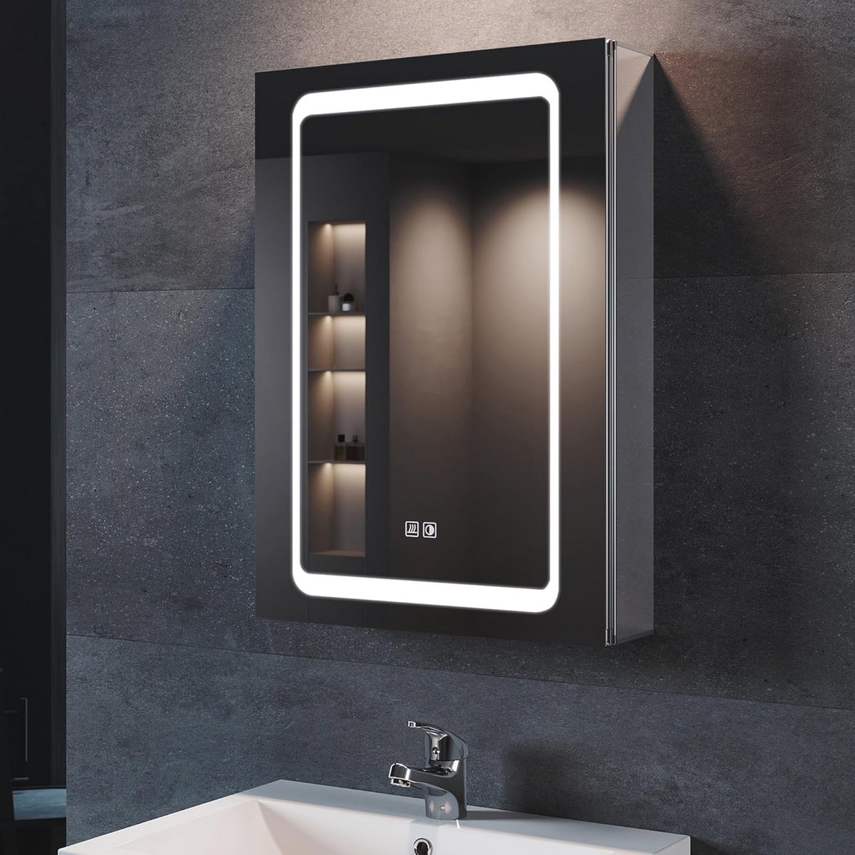Verlichte Badkamer Spiegelkast 50x70 cm - Condensvrij en Draadloos - Met Stopcontact en LED Verlichting