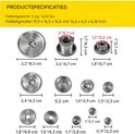 Gedetailleerde afmetingen van diverse metalen tandwielen, zoals 3,2"/8,3 cm, 2,6"/6,7 cm, 1,8"/4,7 cm.
