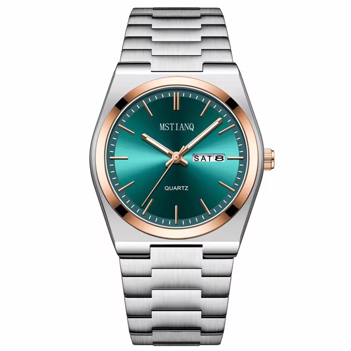 Selevie Herenhorloge Quartz Classic - Zilverkleurige band, groene wijzerplaat, roségouden kast en wijzers