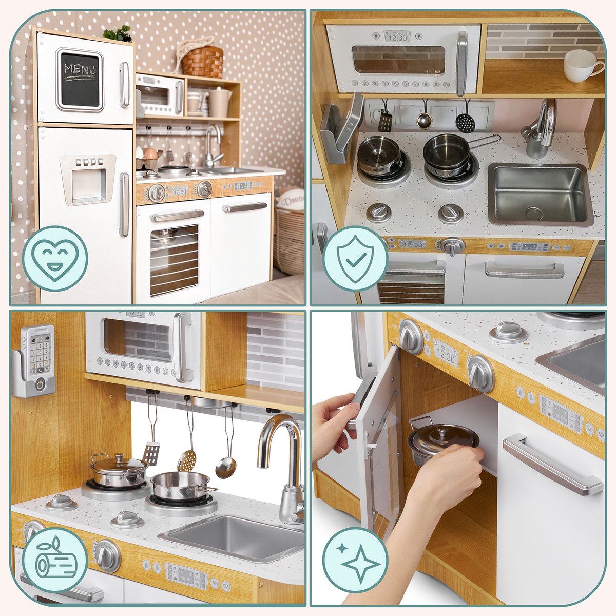 Mamabrum Houten Speelgoedkeuken XL - Kinderkeuken met accessoires - Speelgoed keuken incl pannenset, keukengerei, keukenschort, keukenset - Speelkeukentje voor kinderen vanaf 3 jaar — afbeelding 3