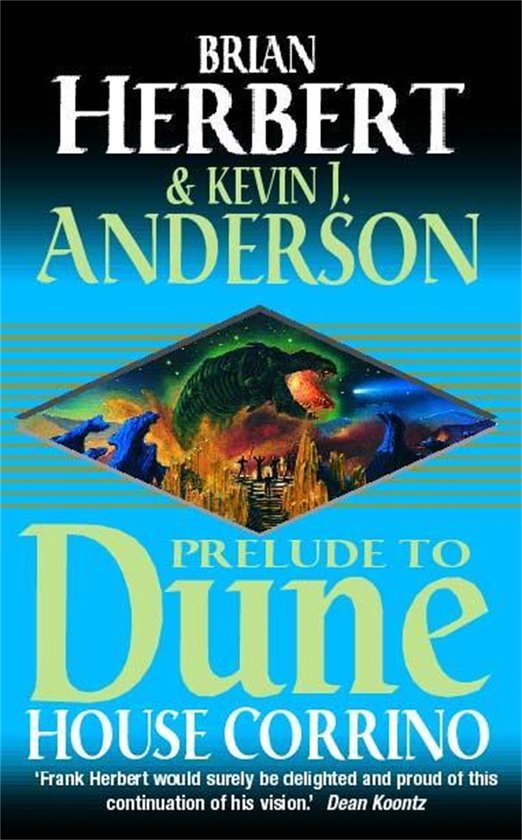 Boekomslag 'Prelude to Dune: House Corrino' door Brian Herbert & Kevin J. Anderson. Een zandworm in een berglandschap, met figuren op een platform.