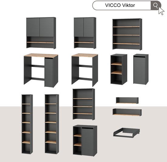 Meuble de salle de bain Vicco Viktor – 68 x 88,2 cm avec compartiments ouverts Anthracite/chêne doré