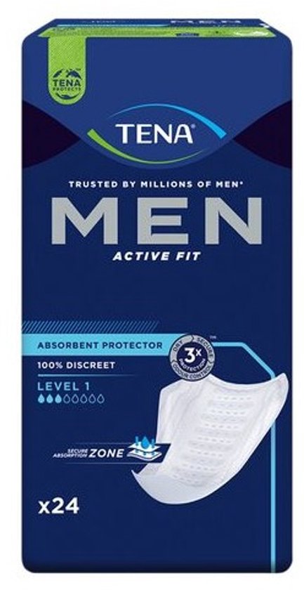 Verpakking van Tena Men Active Fit inlegkruisjes, level 1, 24 stuks.