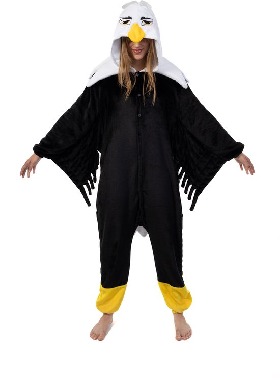 KIMU Onesie Adelaar Pak - Maat L-XL - Vogelpak Arend Kostuum Pak Zwart Vogel - Jumpsuit Huispak Zacht Dierenpak Pyjama Dames Heren Halloween