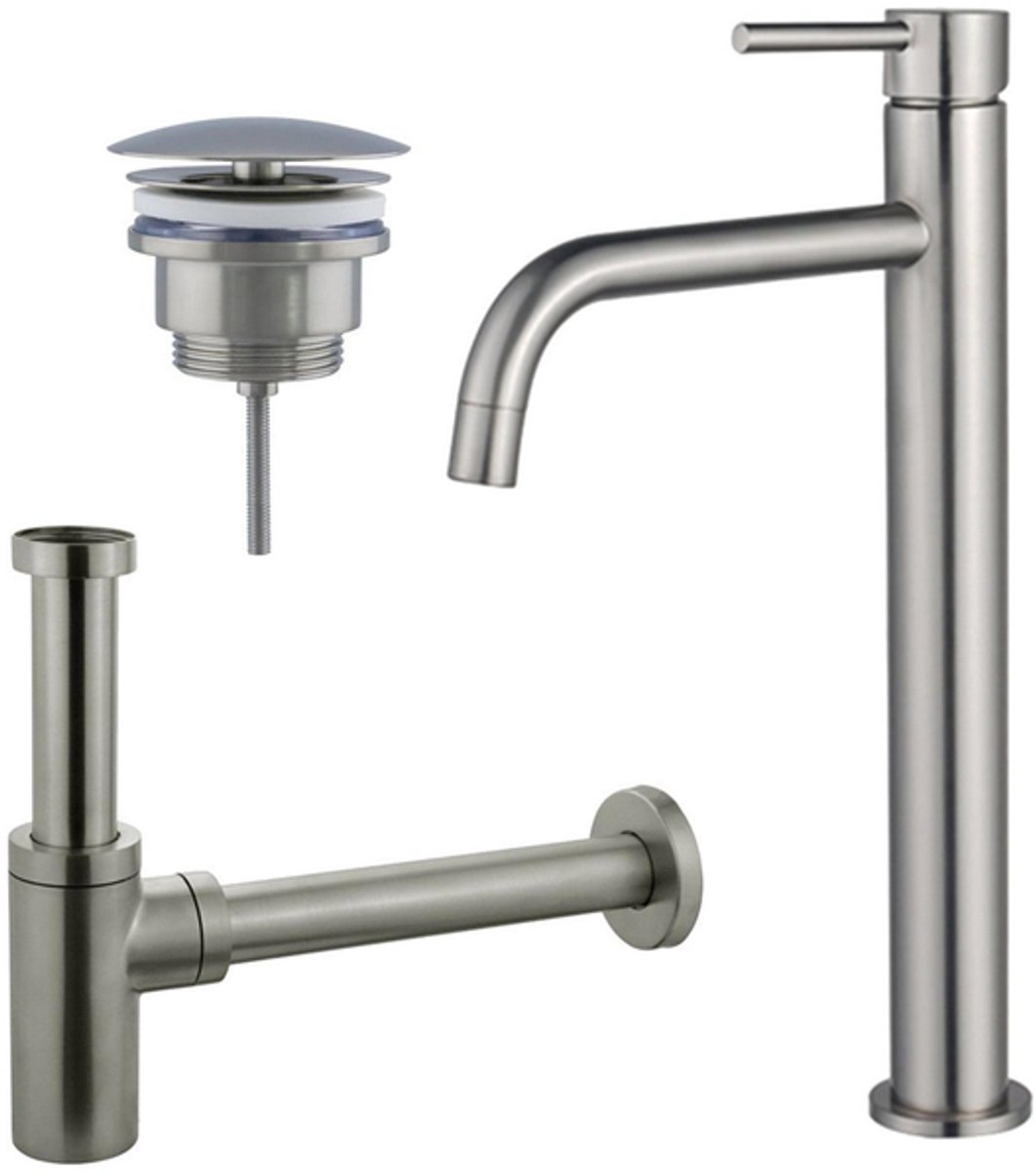 FugaFlow Eccelente Sobrado Badkamer Slim Wastafelkraanset - verhoogde wastafelkraan - always open plug - design sifon - PVD Geborsteld RVS