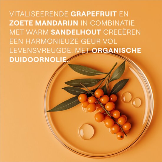 Een schaal met duindoornvruchten, bladeren en druppels. Tekst in het Nederlands beschrijft de geur van grapefruit en mandarijn met sandelhout.