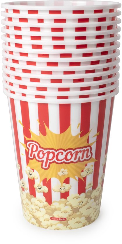 Stapel bekers met rode en witte strepen, bedrukt met 'Popcorn' en cartoon popcorn, 2 liter inhoud.