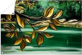 Gouden bladeren boven groene rivier - Bladeren tuinprints - Tuinmuurdecoratie planten - Art Deco - Tuin - Wandposter voor tuin - tuinposter 45x30 cm