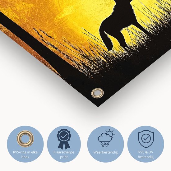 Wolf silhouet met zonsondergang - Wolf tuindecoratie - Tuinwanddecoratie dieren - Silhouet - Muurdecoratie buiten - Poster voor buitengebruik - tuinposter 75x50 cm