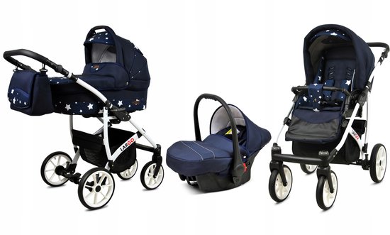 BabyLux® Kinderwagen 3in1 – LARGO - NAVY BLUE STAR WHITE FRAME - Opklapbare Wandelwagen incl. Reiswieg, Multifunctionele Buggy Sportstoel, Autostoel - Combi-kinderwagen met Luiertas, Regenhoes, Klamboe, Bekerhouder, etc.