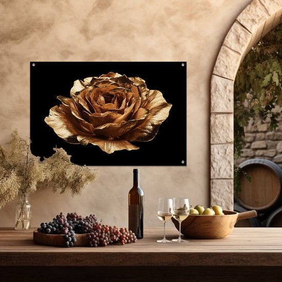 Gouden roos met metallic glans - Roos tuinposter - Tuinschilderijen bloem - Goud - Decoratie voor buitenmuren - Wanddecoratie - tuinposter 60x40 cm