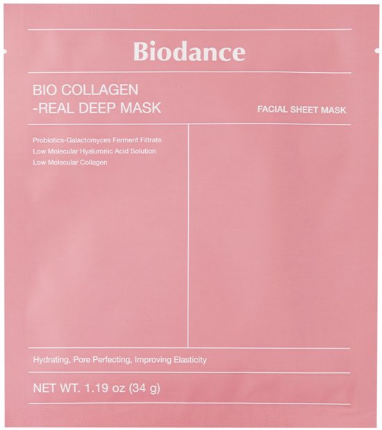 Roze verpakking voor Biodance Bio Collagen Real Deep Mask met tekst.