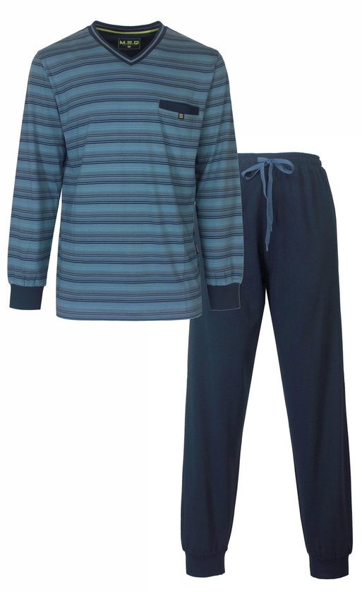 MEQ Heren Pyjama - 100% Gekamde Katoen - Gestreept Blauw - Maat 3XL