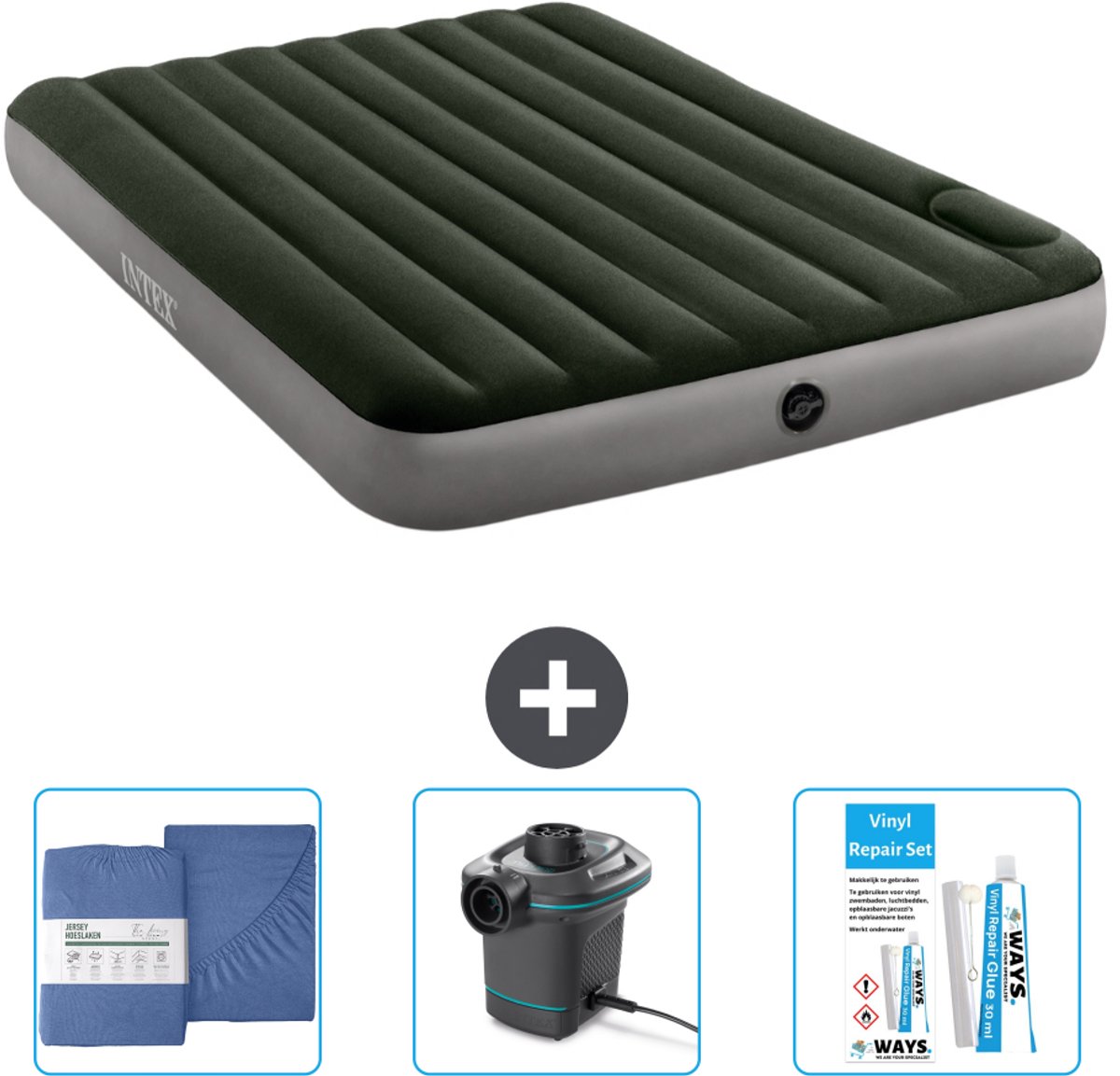 Intex Luchtbed - 2-Persoons - 152 x 203 x 25 cm - Groen - Inclusief Hoeslaken - Pomp en Reparatieset