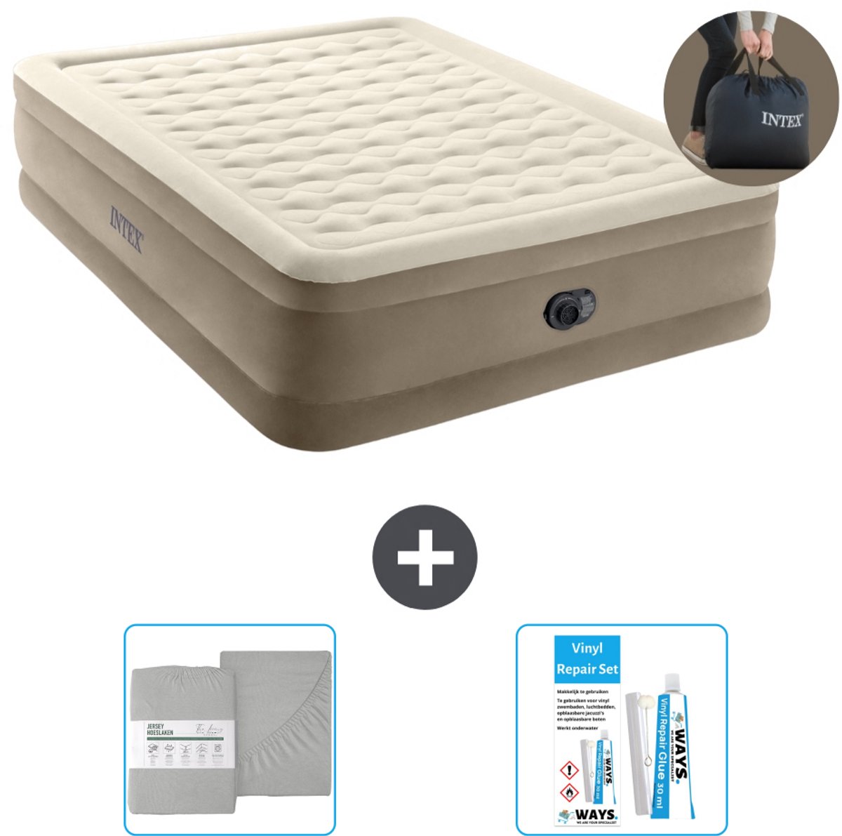 Intex Luchtbed - 2-Persoons - 152 x 203 x 46 cm - Beige - Inclusief pomp - Hoeslaken en Reparatieset