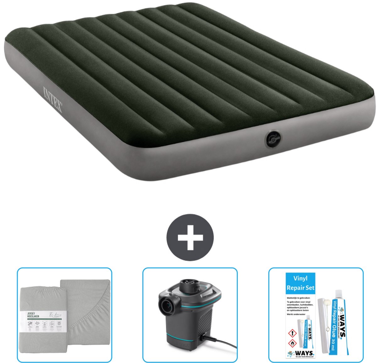 Intex Luchtbed - 2-Persoons - 152 x 203 x 25 cm - Groen - Inclusief Hoeslaken - Pomp en Reparatieset
