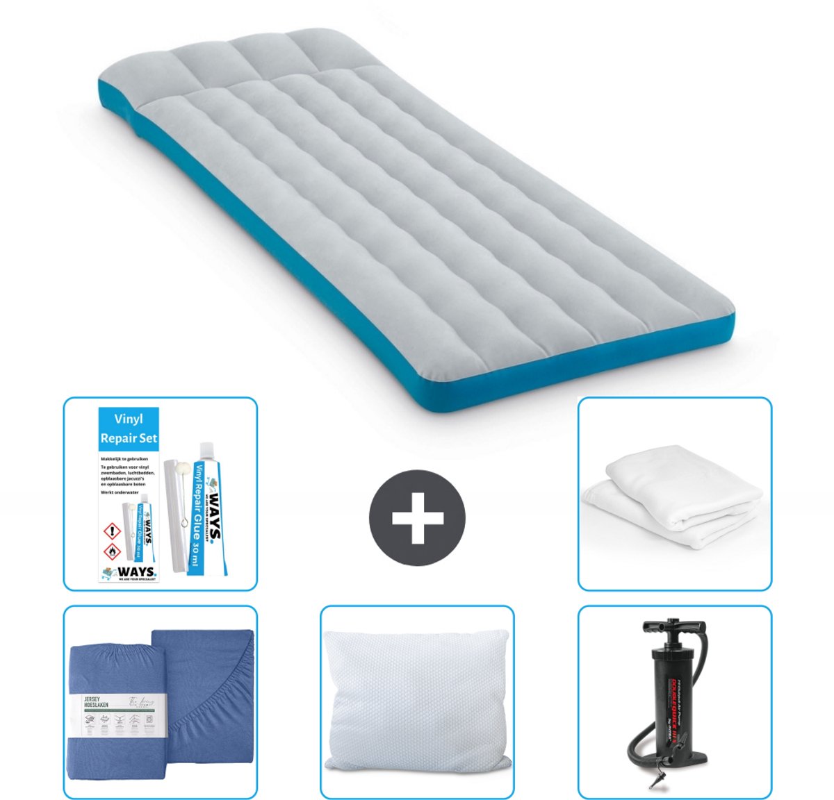 Intex Campingmat - Twijfelaar - 72 x 189 x 20 cm - Blauw - Inclusief Hoeslaken - Kussen - Pomp - Reparatieset en Kussenbeschermer