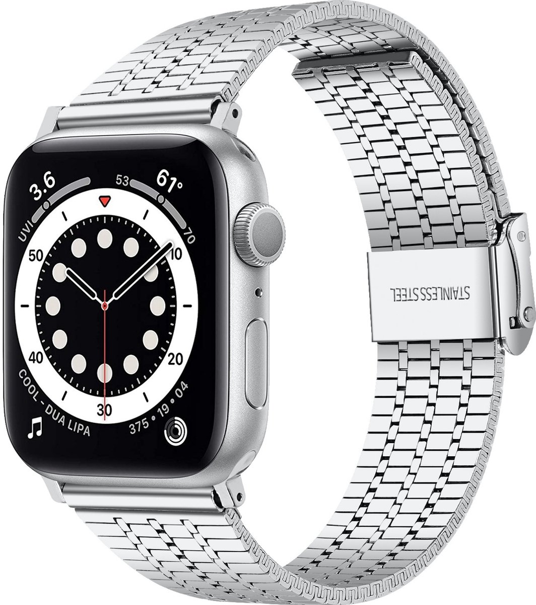 Mobigear Stalen Watch bandje geschikt voor Apple Watch Bandje Klemsluiting | Mobigear Kopenhagen - 42/41/40/38 mm - Zilver