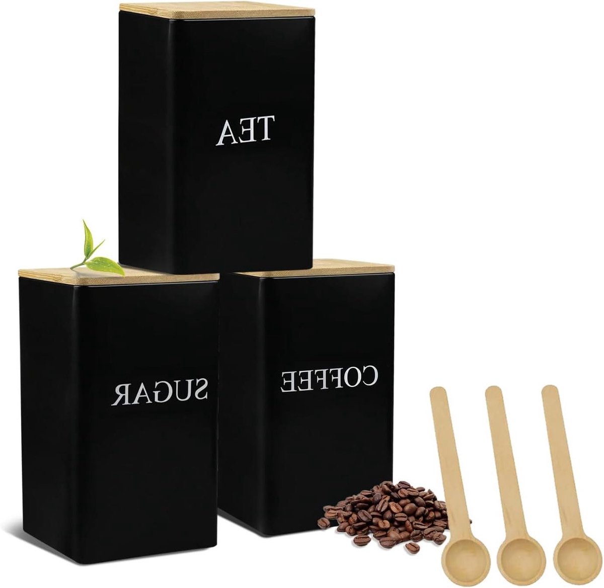 Voorraaddozen van zwart metaal - Set van 3 vierkante keukencontainers met bamboedeksel en lepel voor suiker, koffie en thee