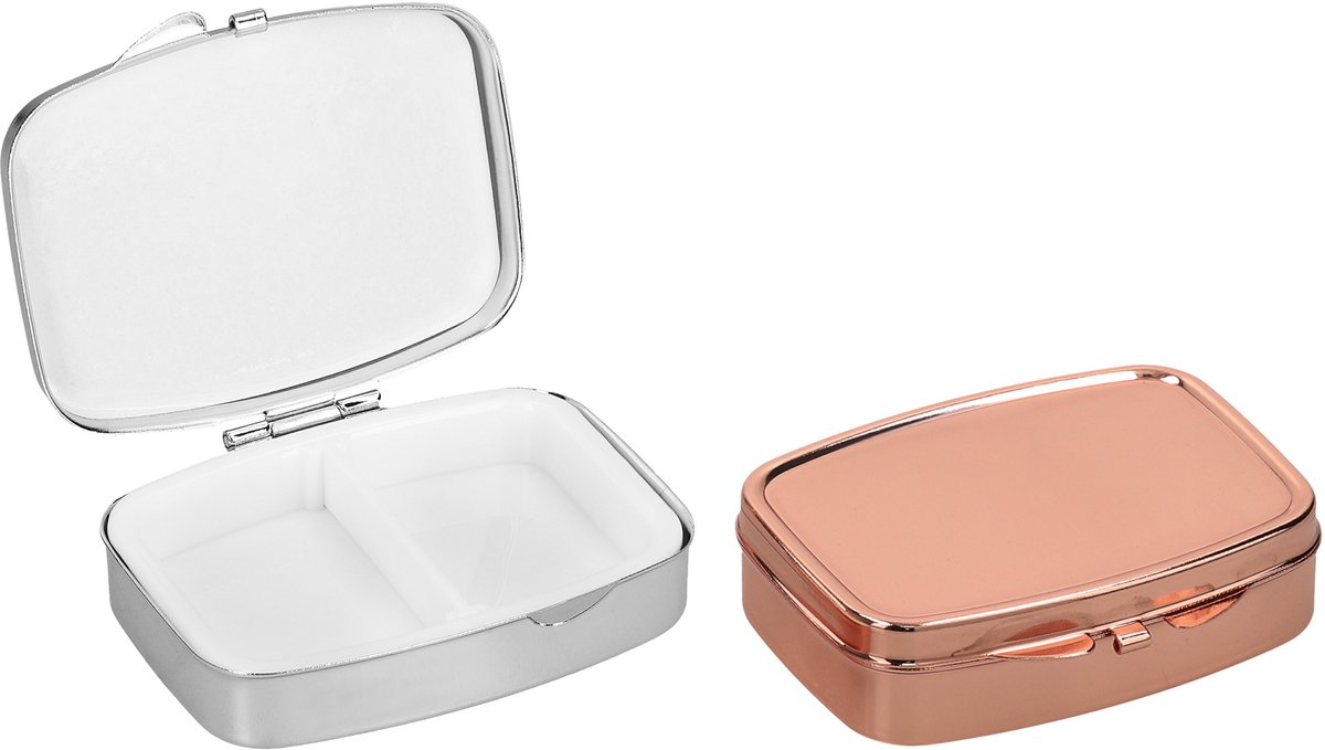kwmobile Pillendoos met 2 vakken - Set van 2x Roestvrij Staal Pillendoosje - Organizer Voor Tabletten en Pillen - in zilver / roségoud