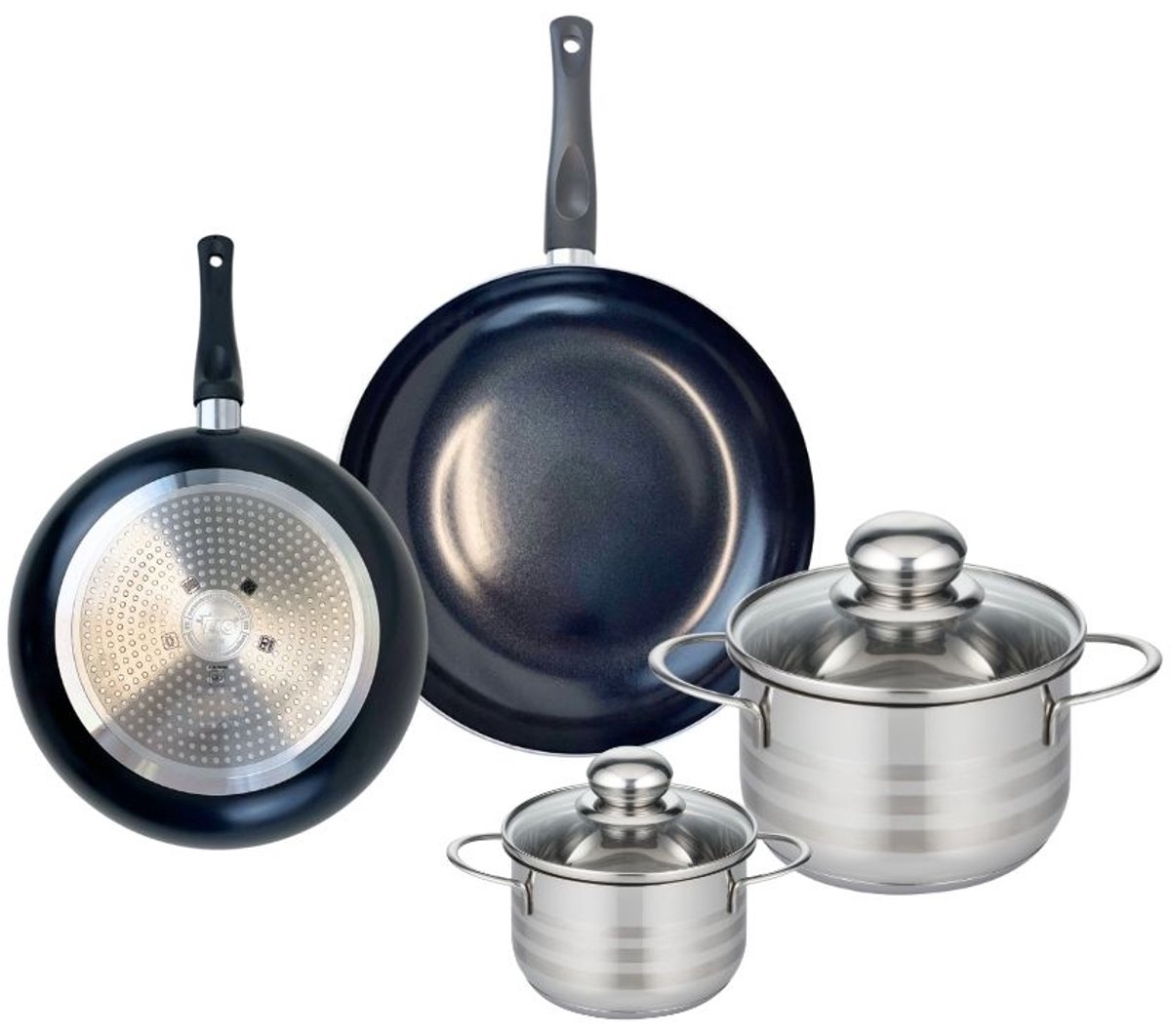 Set van 2 Koekenpannen 20 en 24 cm en 2 Kookpotten 12 en 20 cm Elo Prima Glanzend