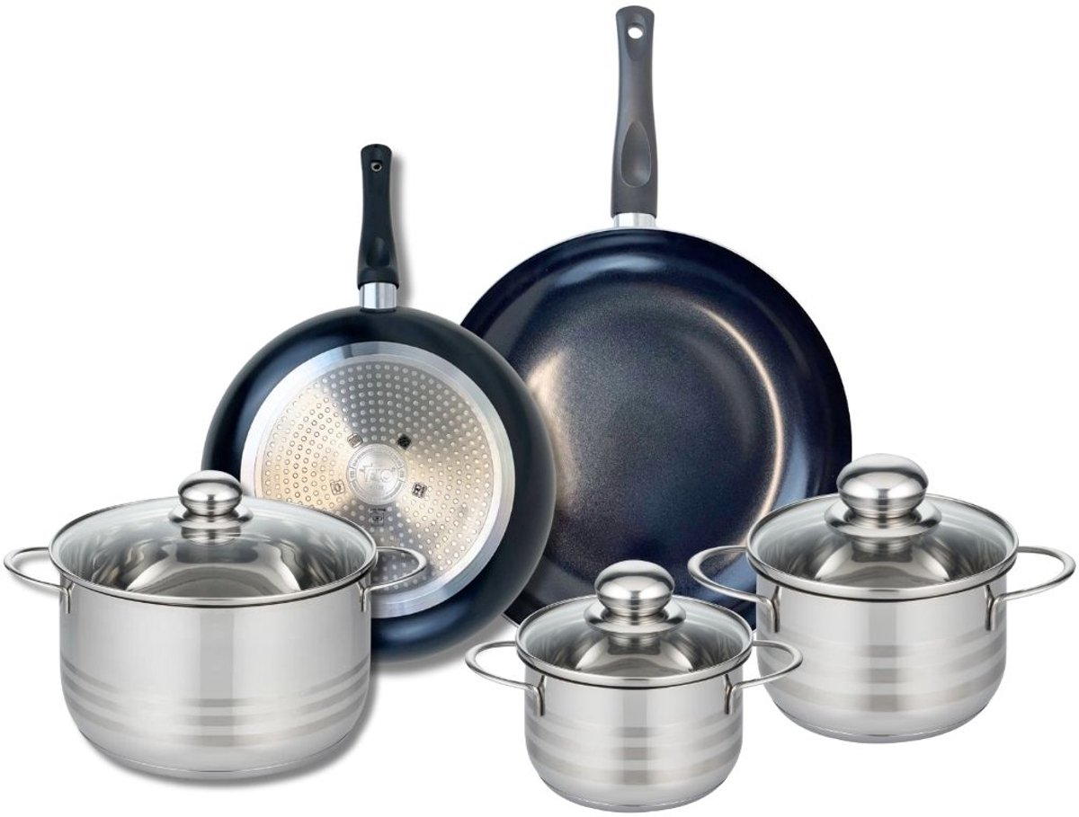 Set van 2 Koekenpannen 24 en 28 cm en 3 Kookpotten 14, 16 en 20 cm Elo Prima Glanzend
