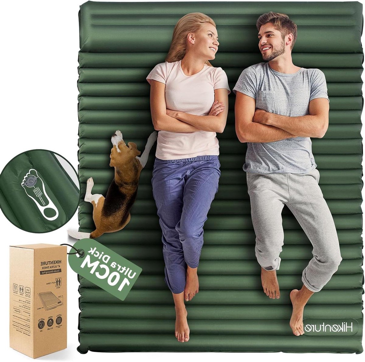 Campingmatras voor 2 personen met kussen en voetpomp - 10 cm dubbele isomat opblaasbaar - 140 x 200 cm - voor kamperen, outdoor, wandelen, strand - groen