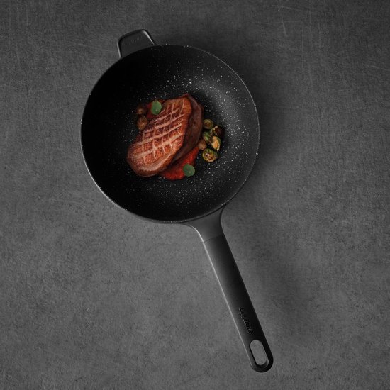 BergHOFF Gem Chinese Wok with Glass Lid, Non-Stick Coating, Suitable for Induction, 32 cm, Black