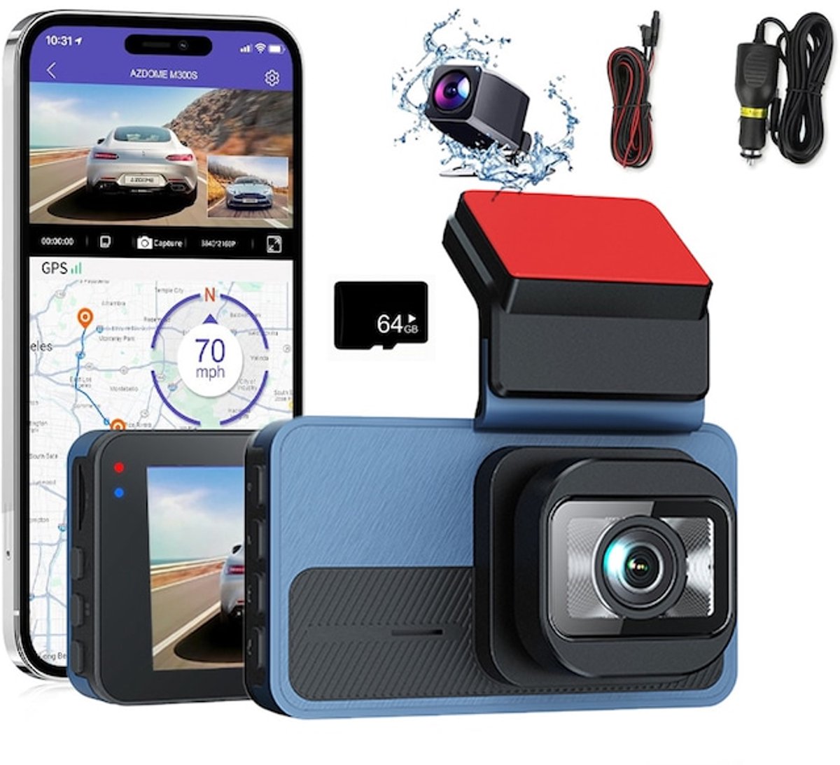 Auto DVR-camera - Dashcam - 64G, Full 4K HD 1080p, 2 lenzen, WiFi, GPS, parkeerbewaking, 3 inch, 170 graden hoek, Loop-opname, Nachtzicht – foto 2