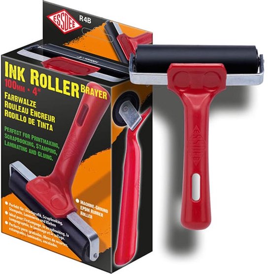 Rode Essdee inktroller met zwarte rol, 100mm breed. Perfect voor printmaking, scrapbooking, stamping, laminating en lijmen.