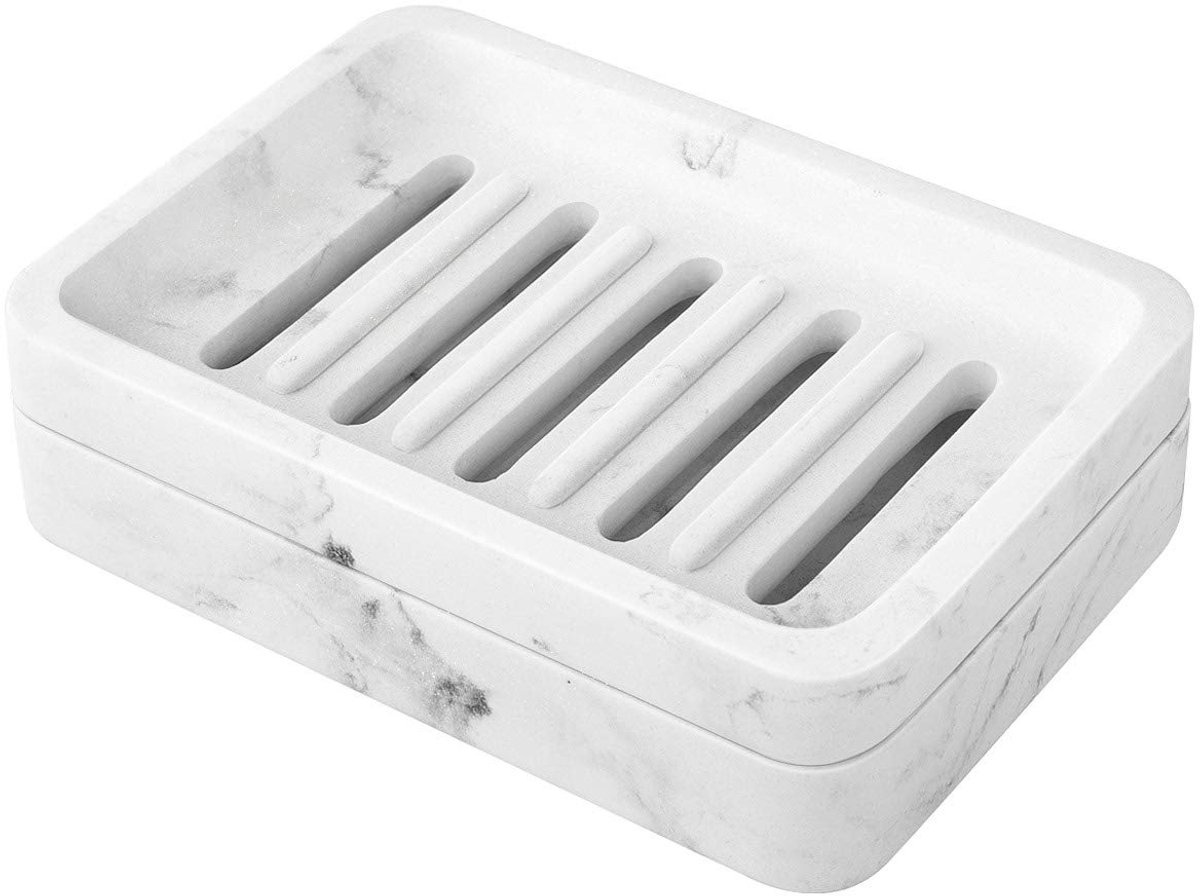 Ibenzoa® Dubbellaags Hars Zeepbakje met Afvoer, Wit Marmer Finish - Multifunctioneel en Veilig
