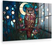 MuchoWow® Tableau sur verre 120x80 cm - Tableau sur verre acrylique - Hibou - Mosaïque - Lune - Nuit - Photo sur verre - Décoration murale salon - Décoration murale chambre - Peintures