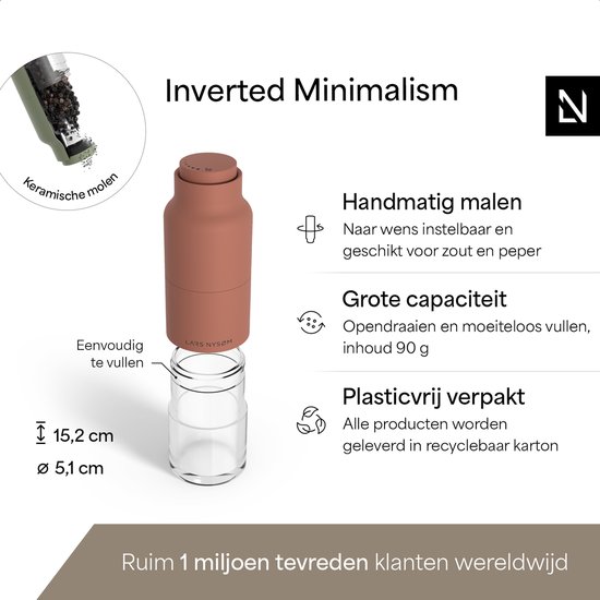 Ensemble de moulins à sel et à poivre manuels Omvendt de LARS NYSØM - Acier inoxydable - Degré de mouture réglable (rouge brique/vert Sage )