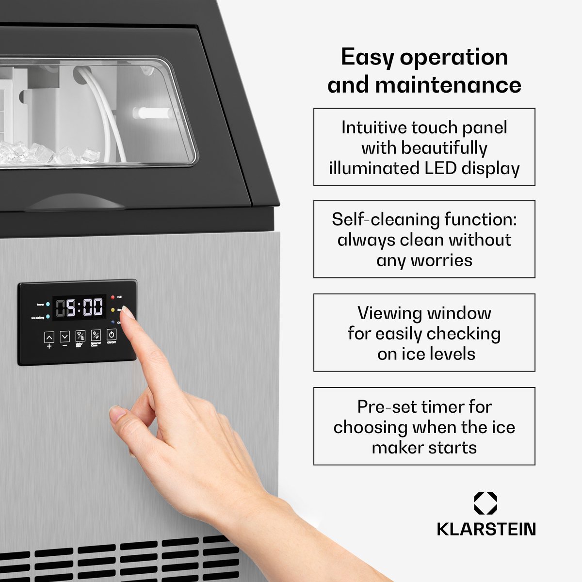 Klarstein ijsblokjesmachine - 45 kg/24 uur, 370 W compressor, 15 kg container, multitouch bedieningspaneel, zelfreinigend, roestvrij staal, commercieel gebruik - 50 cm - voor Bar - LED - voor Kantoor - Timer - Ice Maker