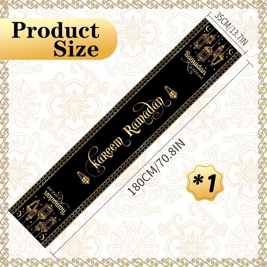 Kepmov Eid-tafelloper, zwart en goud, Eid Mubarak-tafeldecoraties
