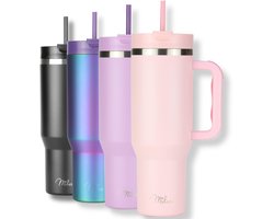 Milu Tumbler 1200ml met Rietje en Handvat | 24u Koud / 48u Ijs / 12u Heet | Dubbelwandige Isolatie Thermosbeker Koffie Voor in de Auto | Thermos Beker Travel Mug to go (Roze)