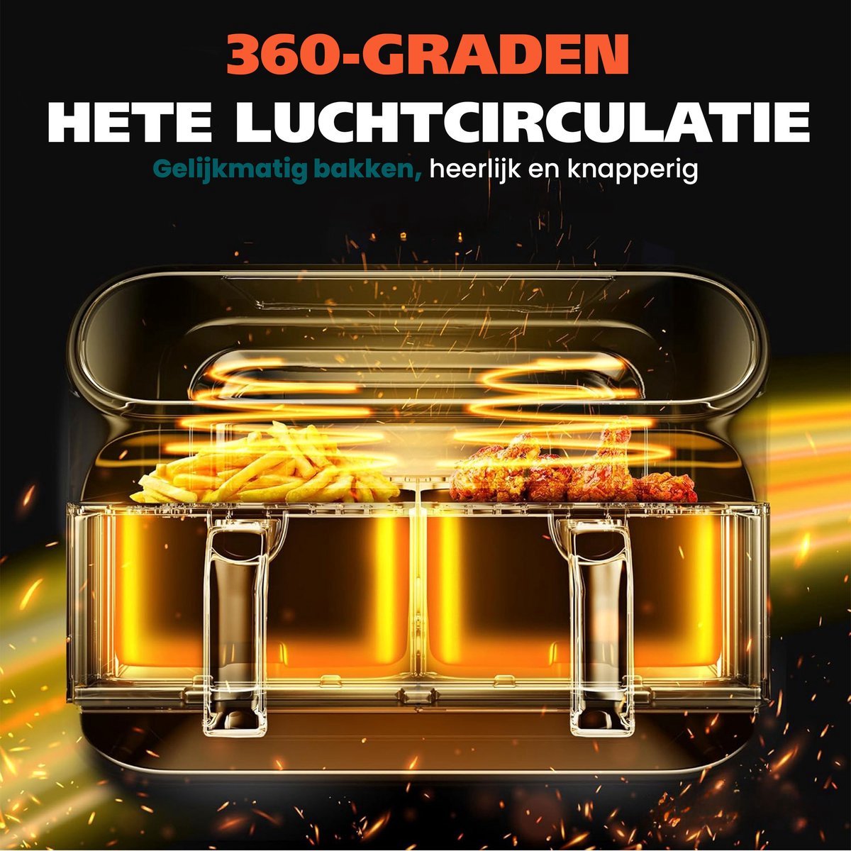 Afbeelding 3 van Digitale Airfryer XXL 9L Sinaopus 901 – Heteluchtfriteuse met Dubbele Mand en DualMand Onafhankelijke Snelle Opwarming – Voor Gezinnen – 10 Programma’s – Kijkvenster – Makkelijk te Reinigen – Capaciteit voor 5 Personen