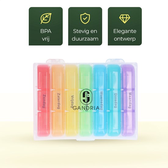 Gandria Pilulier 7 Jours - Pilulier Amovible - Boîte à Médicaments avec 21 Compartiments - Boîte à Médicaments avec Fermeture Robuste - 3 Compartiments par Jour - 7 Couleurs
