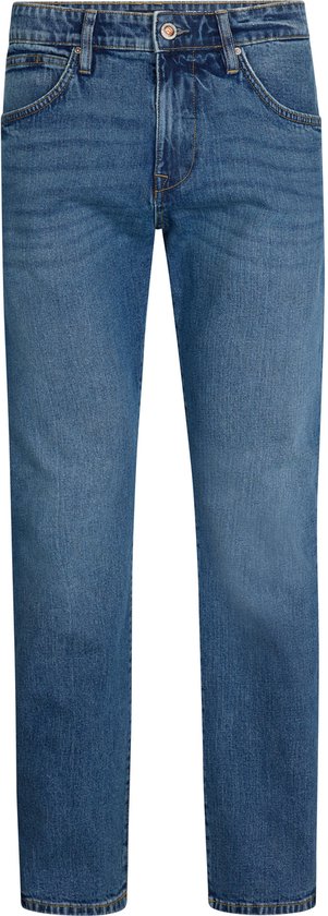 Voorkant van een blauwe jeans met zakken.