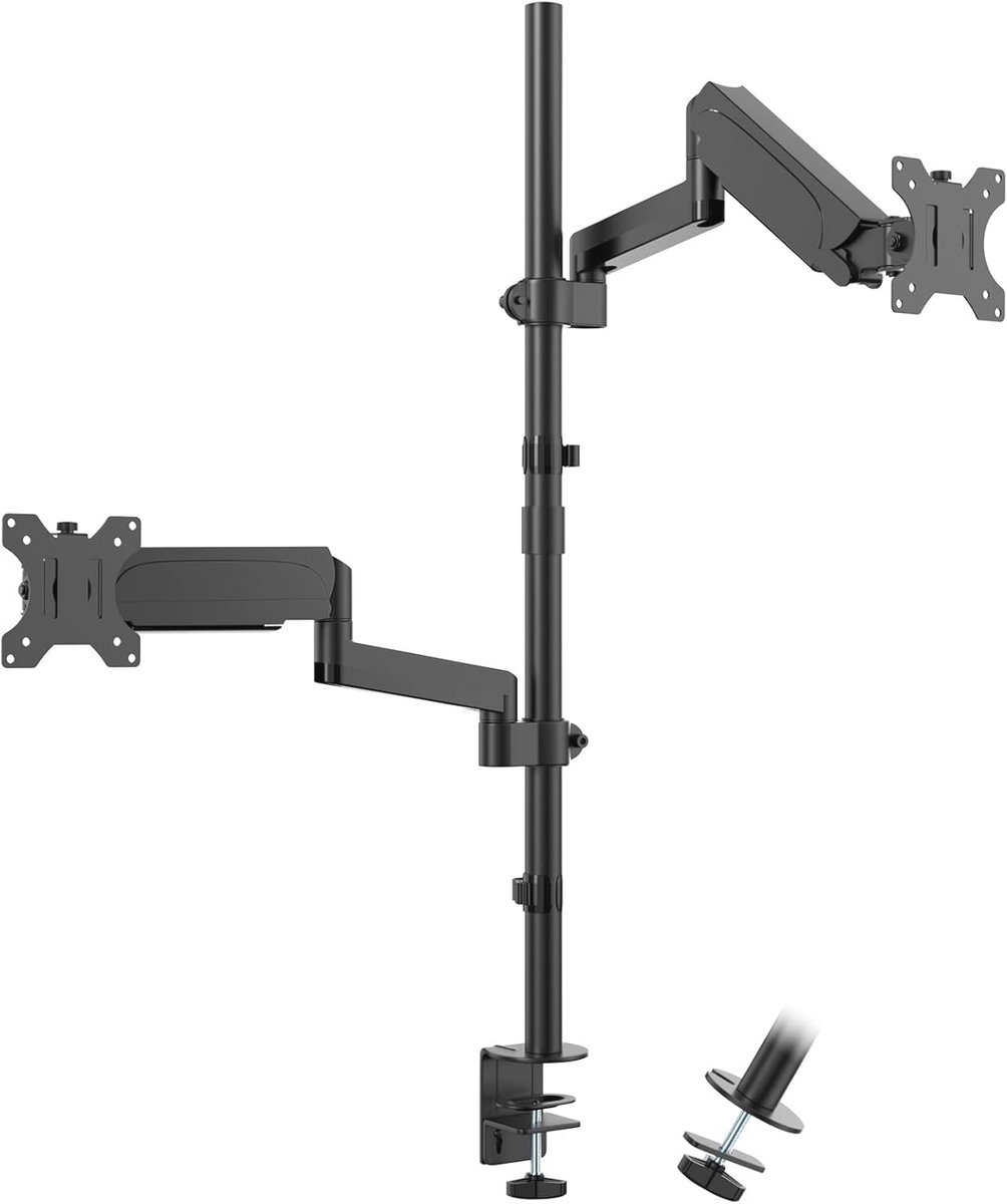 Verstelbare Dubbele Monitor Stand - Bureaubevestiging voor Twee Schermen tot 32 Inch, Draaibaar en Kantelbaar