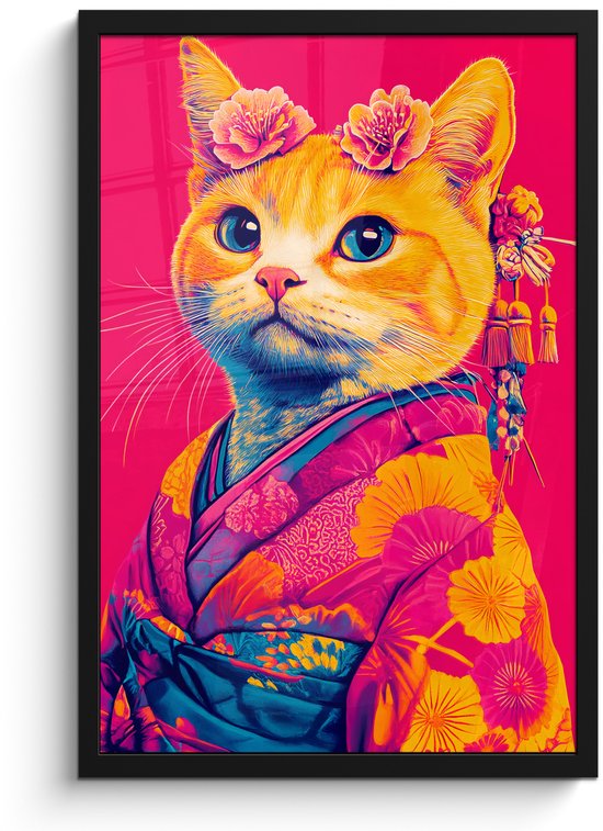 Affiche encadrée - Cadre photo 40x60 cm - Posters - Chat - Kimono - Fleurs - Rose - Poster cadre noir - Décoration - Décoration murale salon - Décoration murale chambre