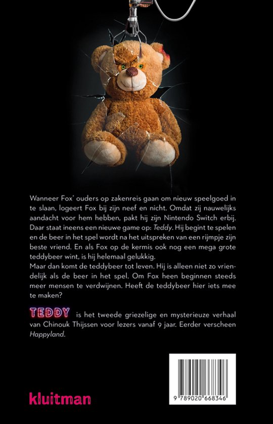 De achterkant van een boek met een enge teddybeer door gebroken glas. Teddy. Chinouk Thijssen.