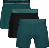 Ensemble de 3 boxers Bamboo Basics : deux vert pétrole profond, un noir. Avec ceinture bleu-vert.