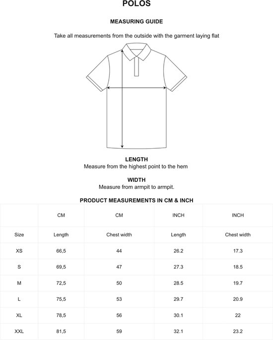 Schematische tekening van een poloshirt met lengte- en breedtemaatvoering en een maattabel.