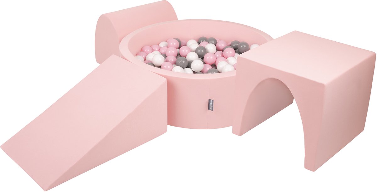 KiddyMoon schuimspeelplaats met rond ballenbad (200 ballen) ballenbakken voor baby's speelbad hindernisbanen, made in the eu, roze:wit/grijs/poederroze