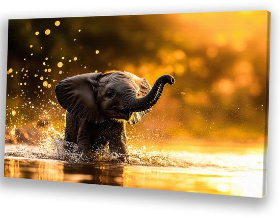 Spetterende babyolifant bij zonsondergang - Olifant schilderij - Wanddecoratie canvas olifantje - Hyperrealisme - Muurdecoratie industrieel - Decoratie woonkamer - Canvas 45x30 cm