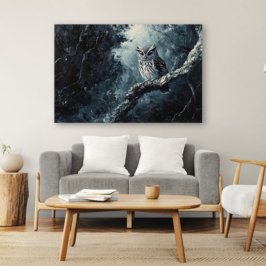 Uil op een tak in het bos - Uil canvas kunst - Canvas dier - Realisme kunststroming - Moderne schilderijen - Wanddecoratie slaapkamer - canvas 100x75 cm